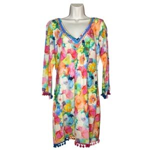 Sundance Watercolor Floral Beach Cover Dress With Pom Poms Colorful Medium